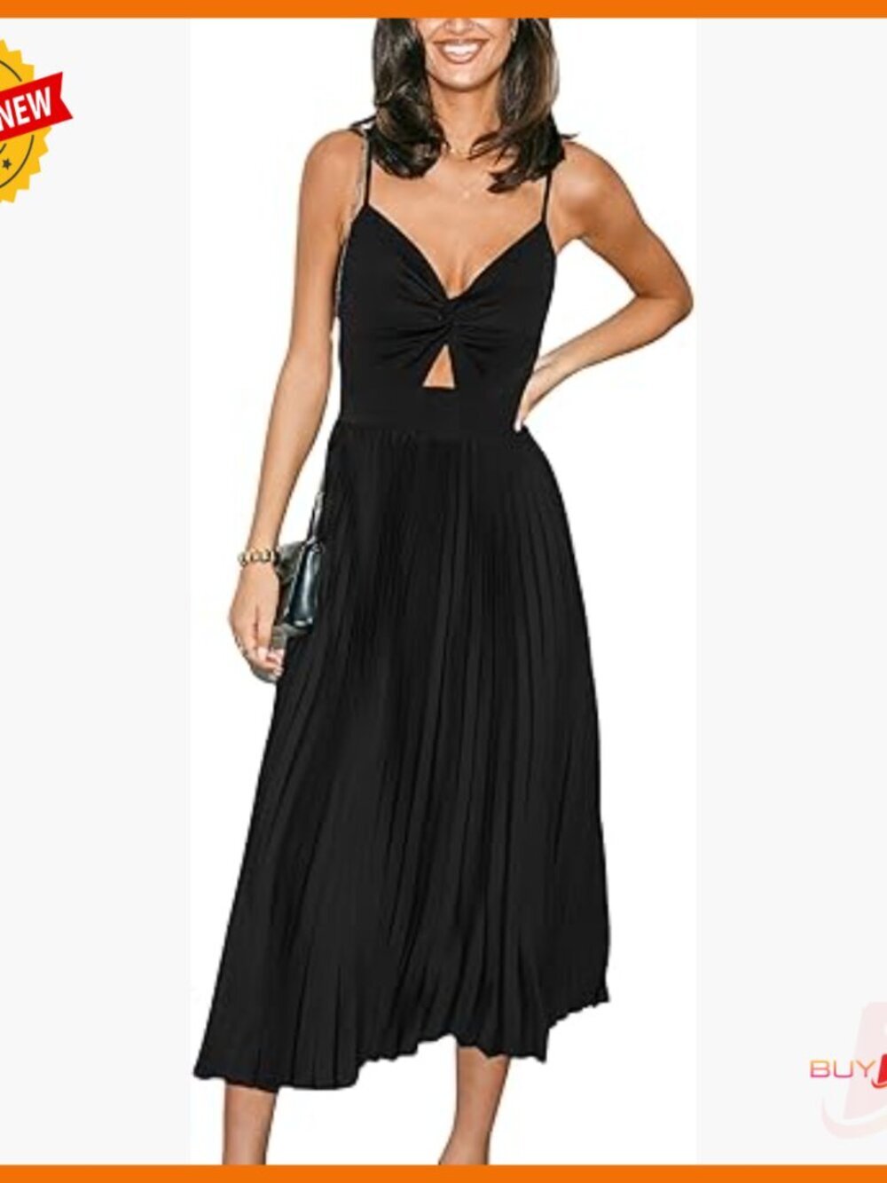 Black Sweetheart Midi Dress with Adjustable Spaghetti Straps and Cutout Detail